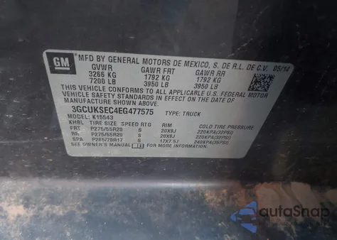 2014 Chevrolet Silverado 1500 1Lz z USA, uszkodzony, nr VIN 3GCUKSEC4EG477575